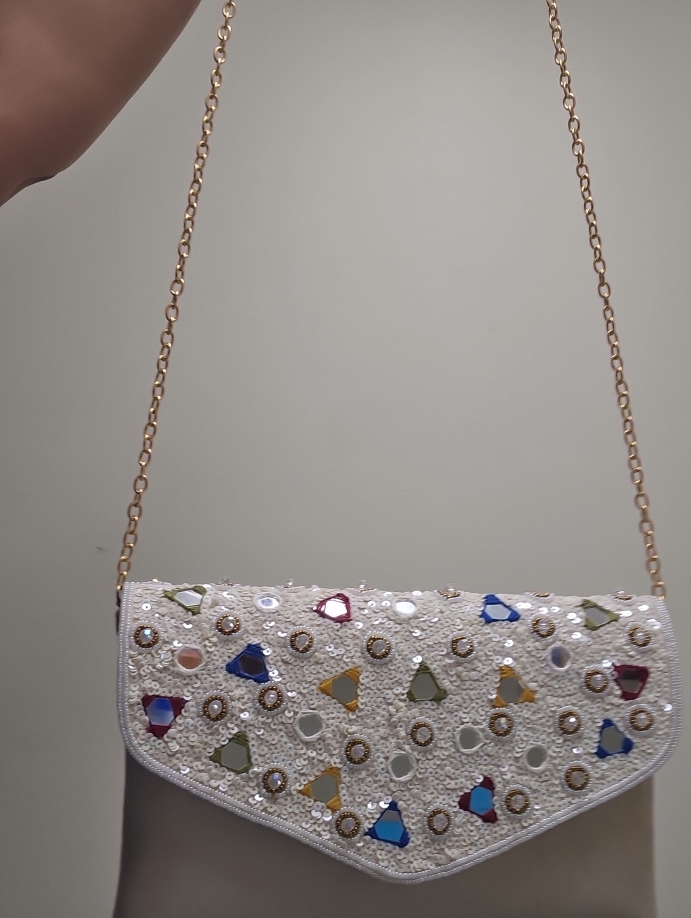 Embellished White Sequin Shoulder Clutch - Unbranded